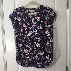 Philosophy Navy Floral Short Sleeve V-Neck Blouse Small